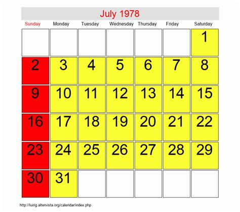 Calendar For July 1978